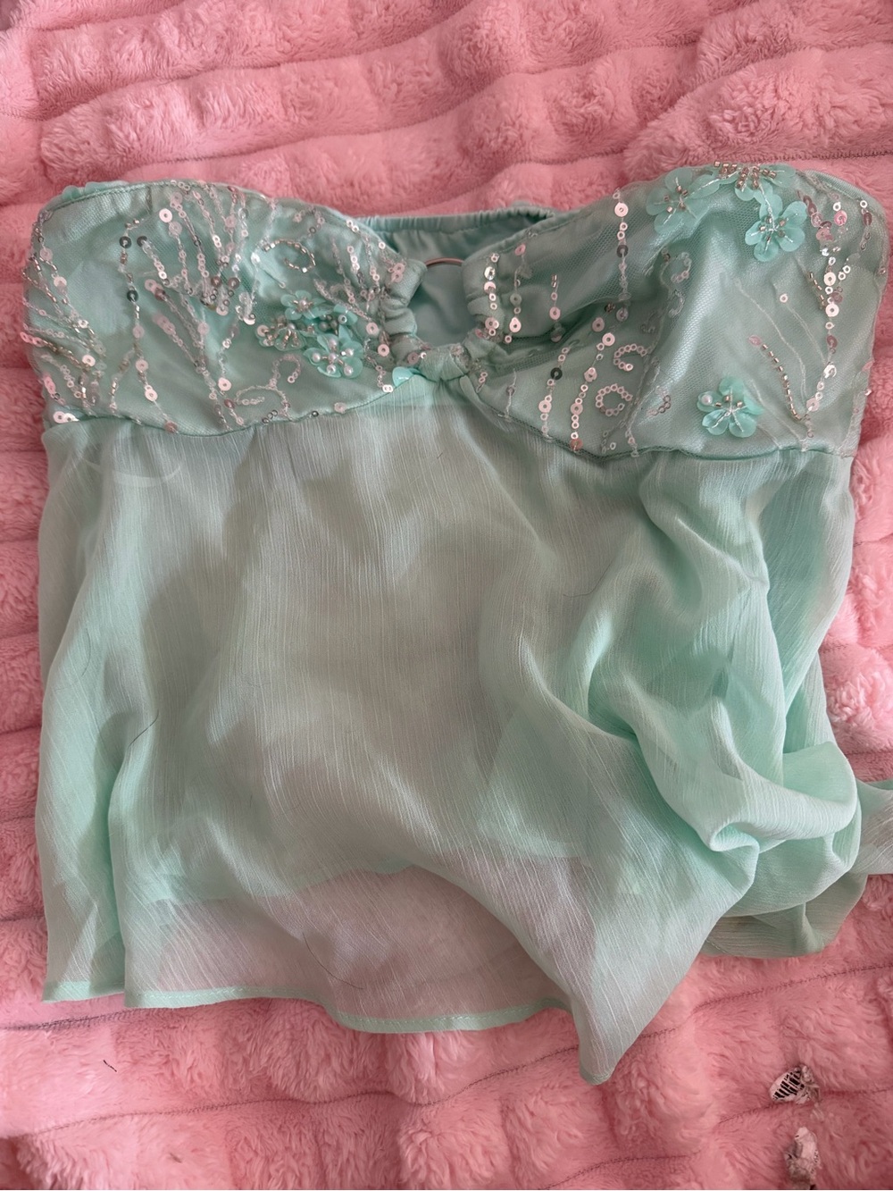 Strapless Sequin-Embellished Mint Chiffon Crop Top